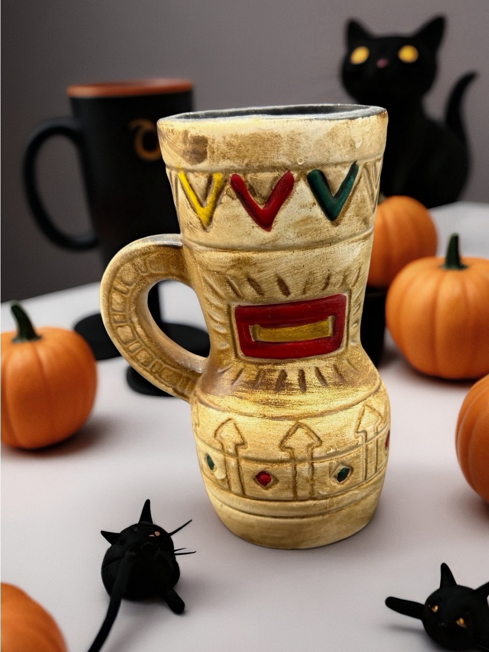 Painted Ceramic And Porcelain Mug Abstract Art Brown Yellow Green Red 5” x 2.25”